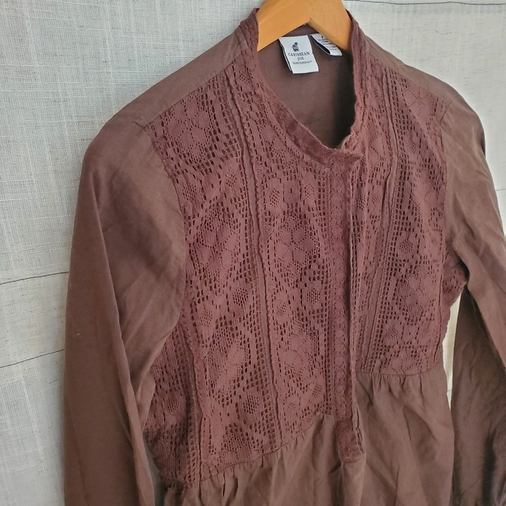 Caribbean Joe‎ Blouse Brown Lace Front Hook and Eye Boho Cottagecore Coastal S